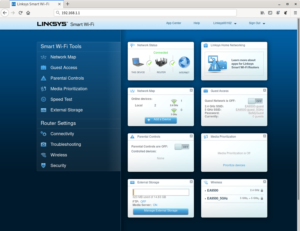 Linksys router web interface