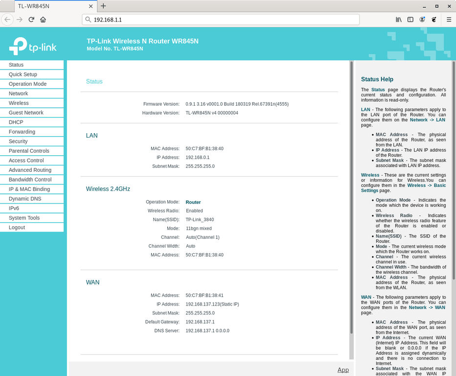 TP-LINK router web interface