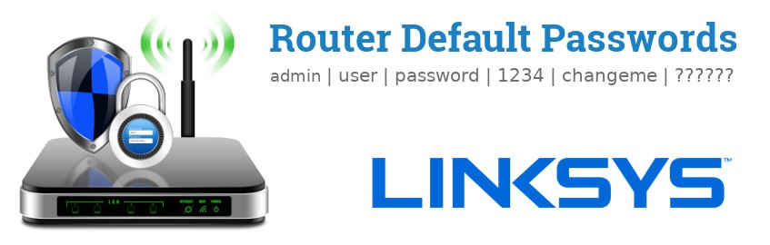 Image of a Linksys router with 'Router Default Passwords' text and the Linksys logo